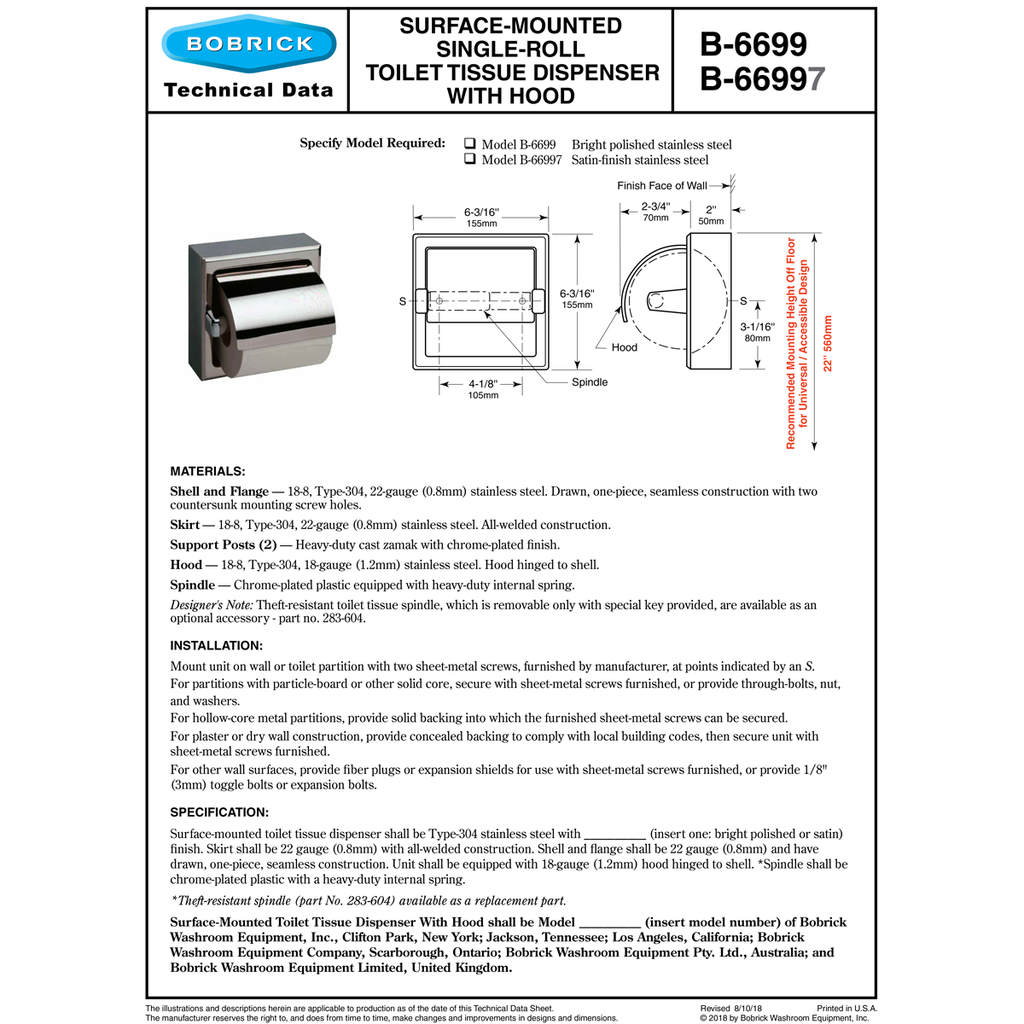 Bobrick B-66997 Commercial Toilet Tissue Dispenser W/ Hood, Surface ...