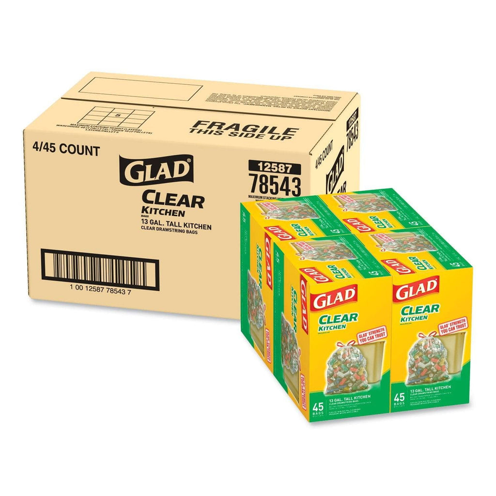 Glad® Recycling Tall Kitchen Drawstring Trash Bags, 13 gal, 0.9 mil, 24 x  27.38, Clear, 180/Carton