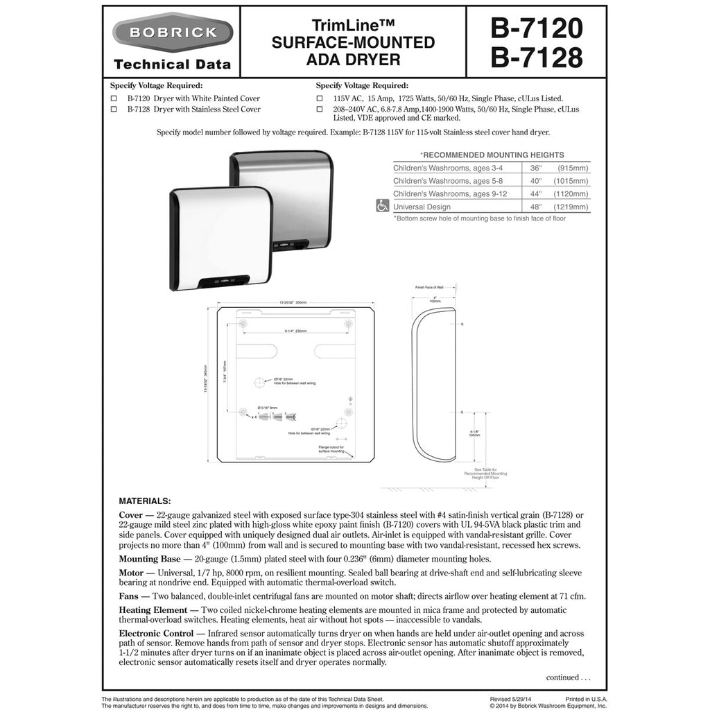 Bobrick B-7120 115V TrimDry ADA Surface-Mounted Hand Dryer, White Cover ...