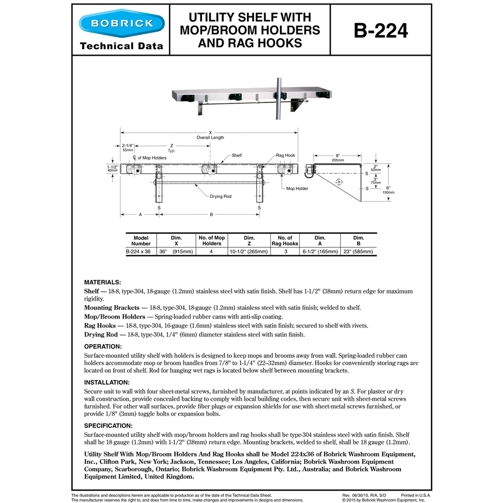 Bobrick B-224x36 Commercial Shelf W/ Mop/Broom Holders And Rag Hooks, 8 ...