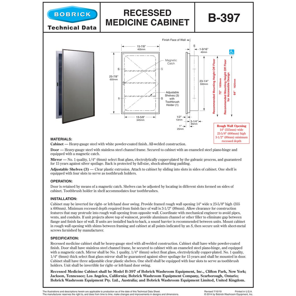 Bobrick B-397 Recessed Medicine Cabinet with Plastic Shelves