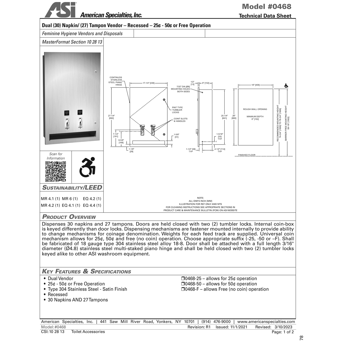 ASI 0468-F Commercial Restroom Sanitary Napkin/ Tampon Dispenser, Free-Operated, Recessed-Mounted, Stainless Steel