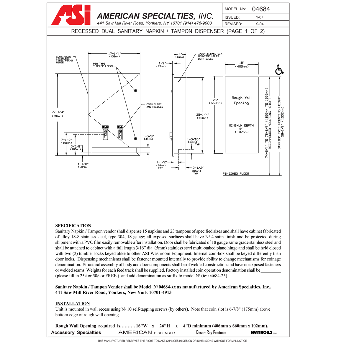 ASI 04684-25 Commercial Restroom Sanitary Napkin/ Tampon Dispenser, 25 Cents, Recessed-Mounted, Stainless Steel