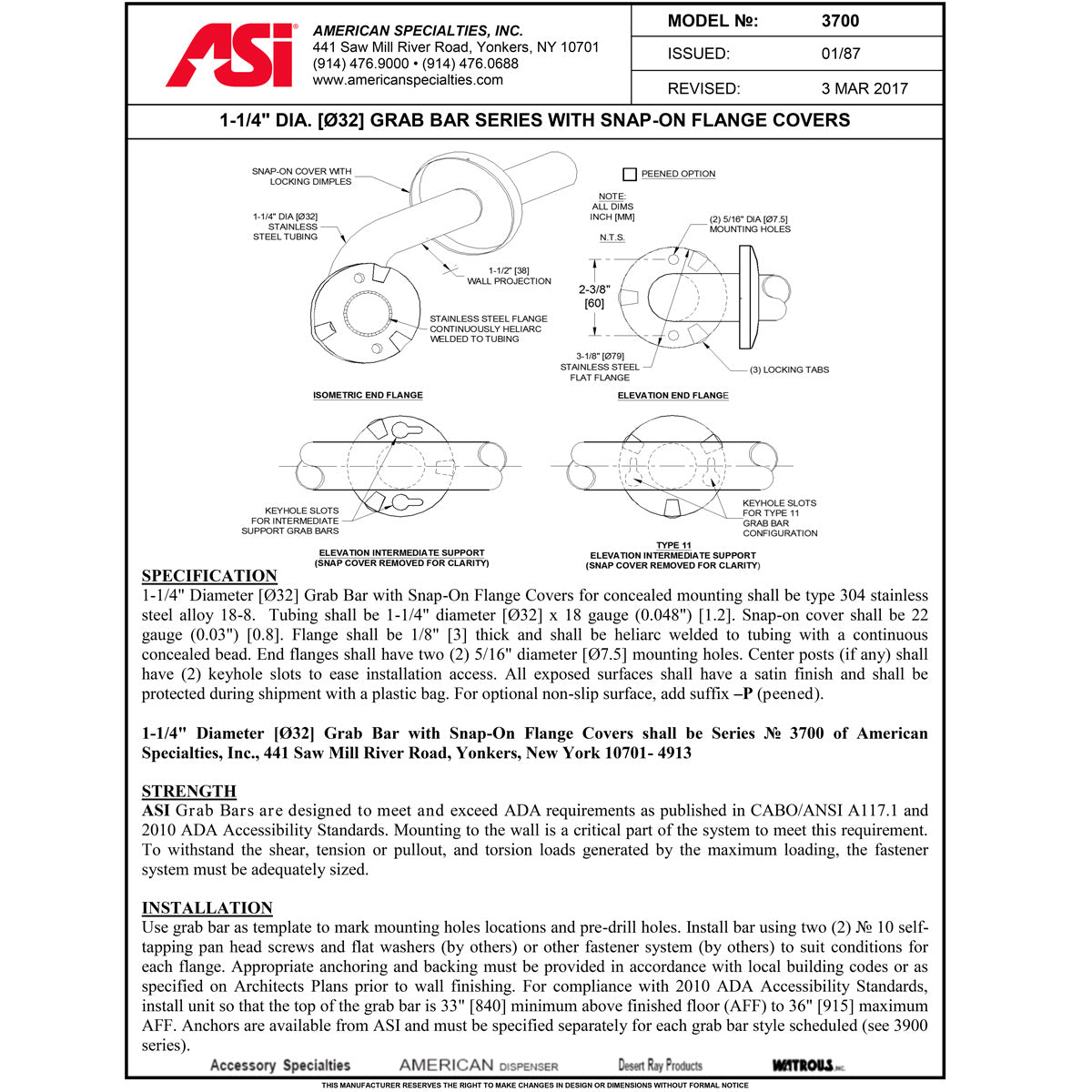 ASI 3701-36P  (36 x 1.25)  Commercial Grab Bar, 1-1/4