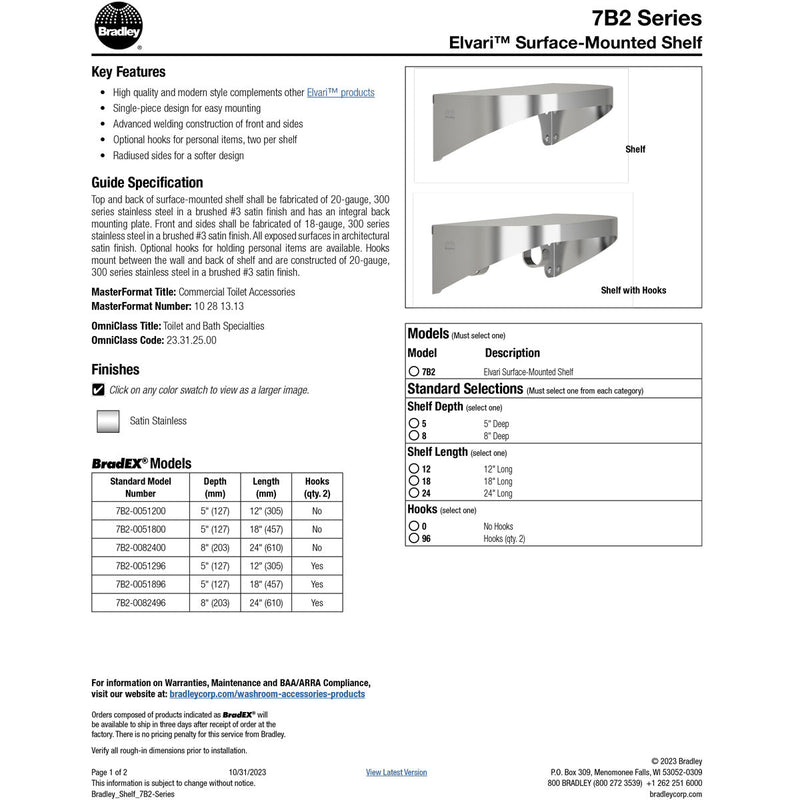 Bradley Elvari Series Shelf, Stainless Satin, 20 Gauge, 5 X 18 - 7B2 ...