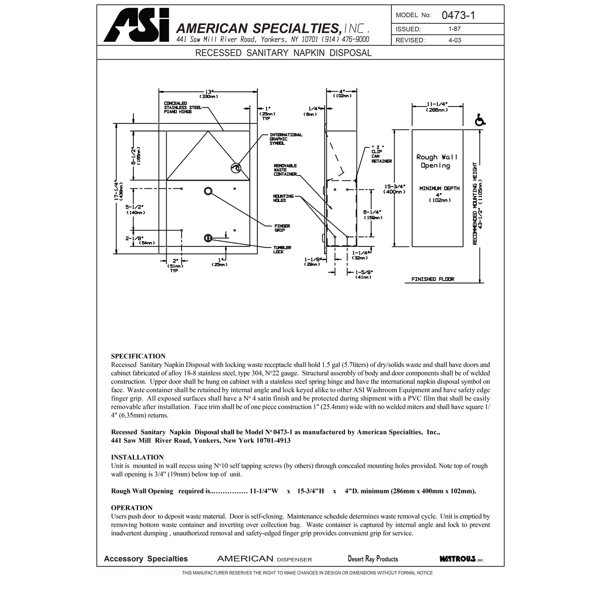 ASI 0473-1 Commercial Restroom Sanitary Napkin Disposal w/Lock, Recessed-Mounted, Stainless Steel