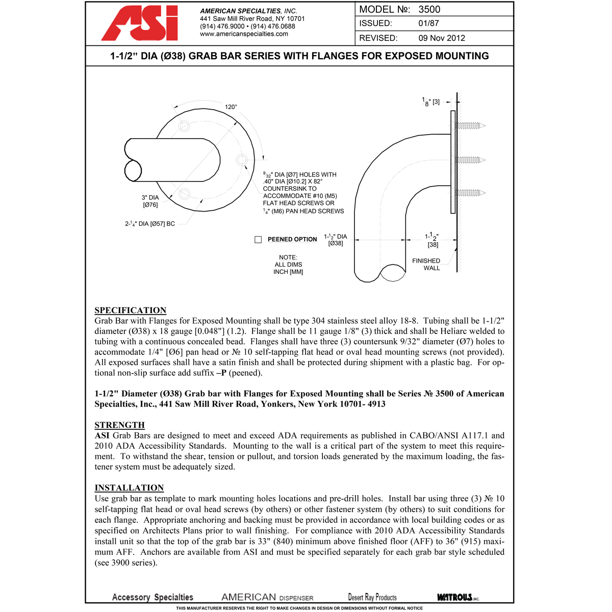 ASI 3501-36P  (36 x 1.25)  Commercial Grab Bar, 1-1/2