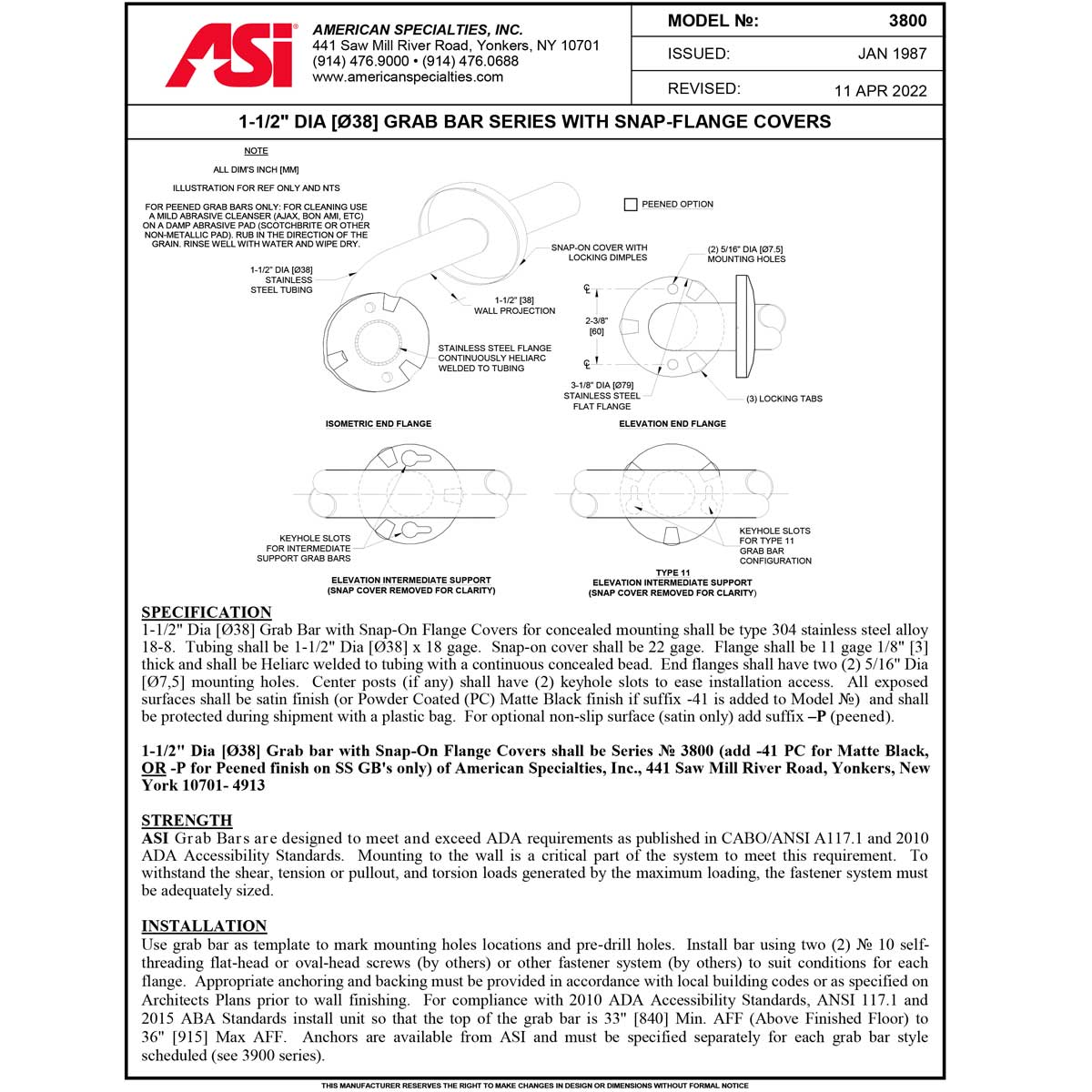 ASI 3801-30 (30 x 1.5) Commercial Grab Bar, 1-1/2