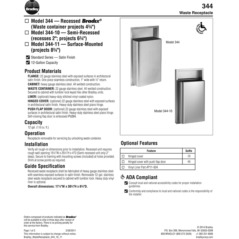 Bradley 344-100000 Commercial Restroom Waste Receptacle, 12 Gallon, Semi-Recessed-Mounted, 15-5/8" W x 29-1/8" H, 2" D, Stainless Steel