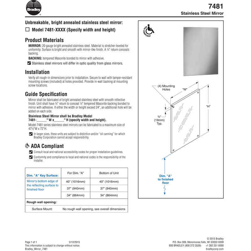 Bradley 7481-018240 (18 x 24) Commercial Restroom Mirror, Frameless, 18" W x 24" H, Stainless Steel w/ Bright-Polished Finish