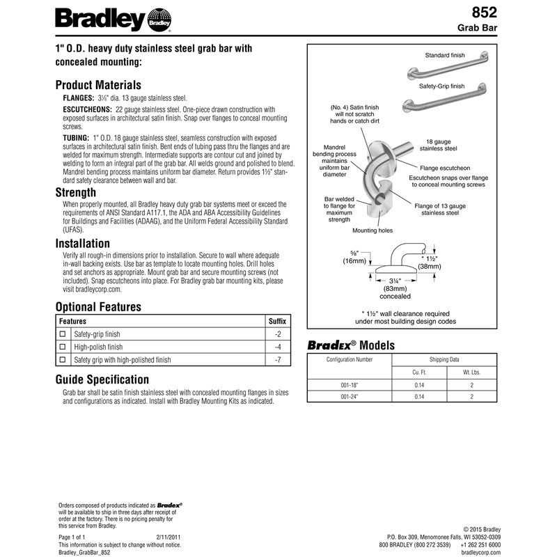 Bradley 8520-001180 (18 x 1) Commercial Grab Bar, 1" Diameter x 18" Length, Stainless Steel