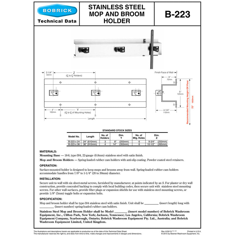 Bobrick B-223x24 Commercial Mop and Broom Holder, 8" W x 34" L, Stainless Steel 2