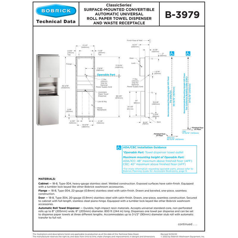 Bobrick B-3979 Automatic Combination Commercial Paper Towel Dispenser/Waste Receptacle, Surface-Mounted, Stainless Steel