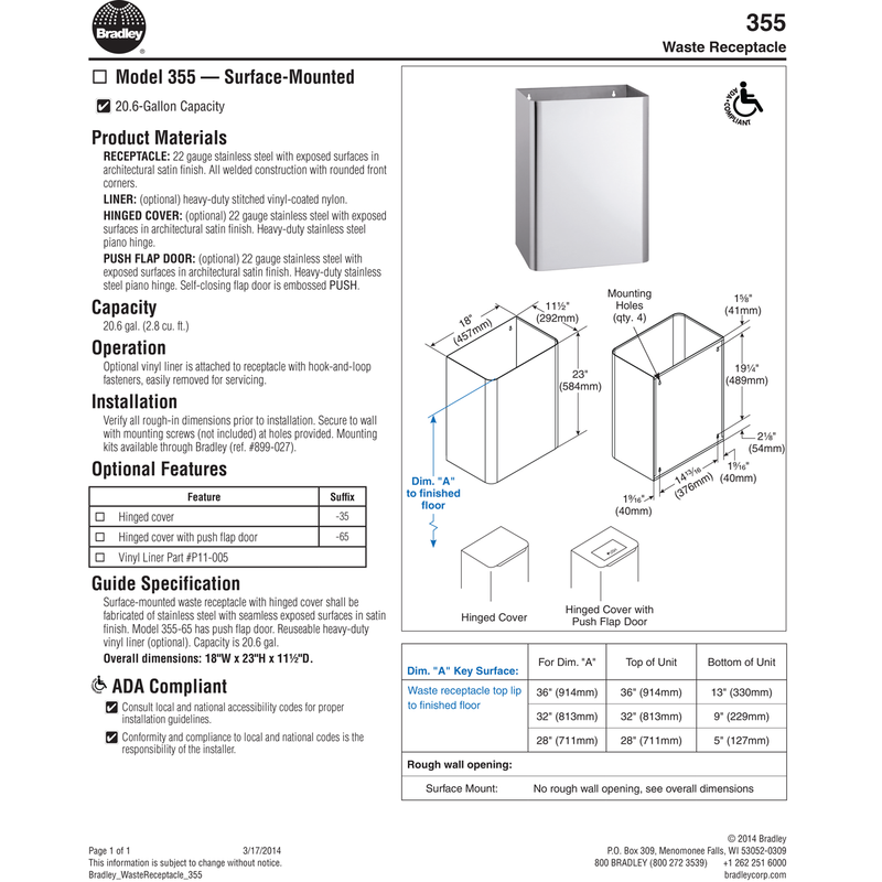 Bradley 355-00 Commercial Restroom Waste Receptacle, 20.6 Gallon, Surface-Mounted, 18" W x 23" H, 11.5" D, Stainless Steel