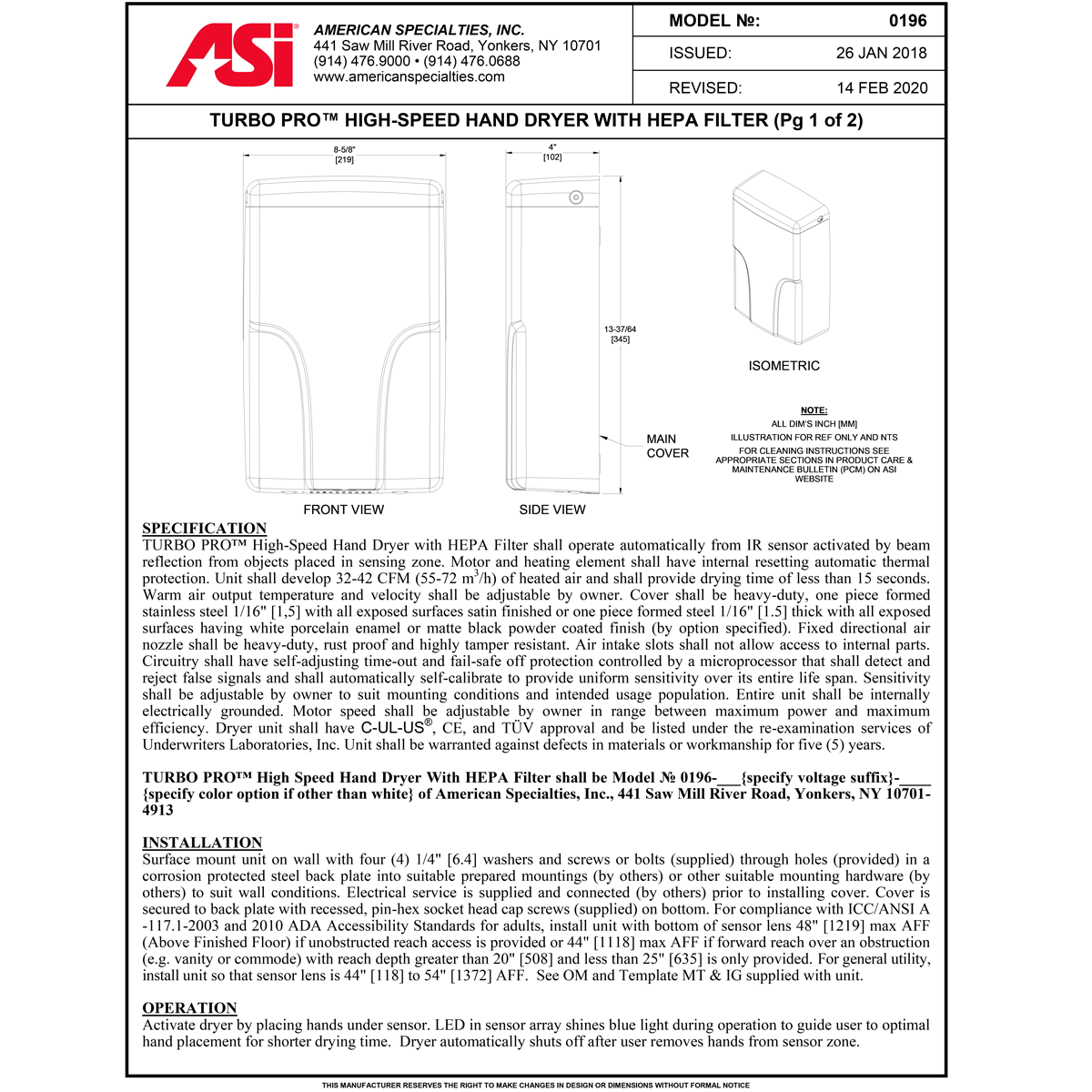 ASI 0196-2-00 Automatic Hand Dryer, 208-240 Volt, Surface-Mounted, Steel