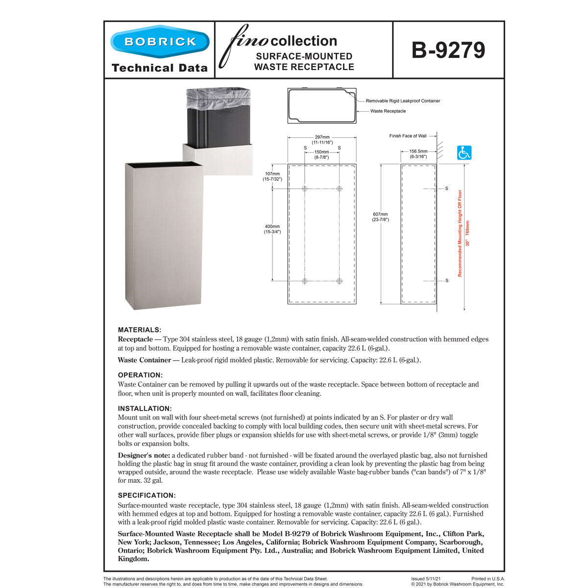 Bobrick Fino B-9279.MBLK 6 Gallon Surface-Mounted Stainless Steel Waste ...