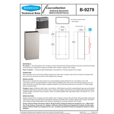 Bobrick Fino B-9279.MBLK 6 Gallon Surface-Mounted Stainless Steel Waste Receptacle with Matte Black Finish