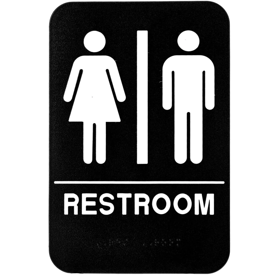 Unisex Restroom Sign, Black & White w/ Adhesive Strips Included, 6