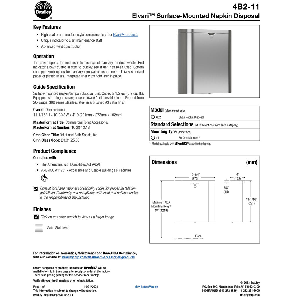 Bradley Elvari Series Napkin Disposal - Stainless, Surface Mounted ...