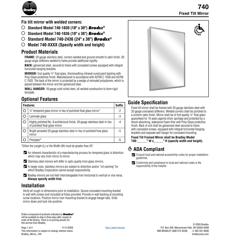 Bradley 740-018360 (18 x 36) Commercial Restroom Tilt Mirror, Angle Frame, 16" W x 36" H, Stainless Steel w/ Satin Finish