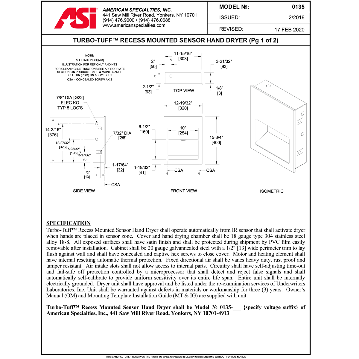 ASI 0135-3 TURBO-Tuff - Automatic High-Speed Hand Dryer (277V) Satin Stainless, Recessed ADA