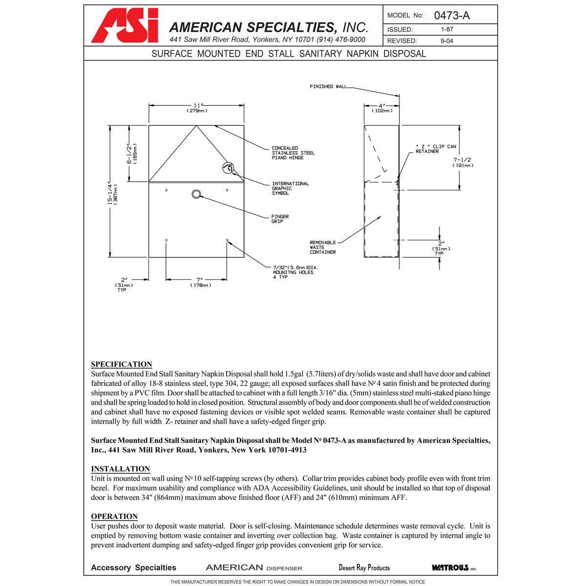 ASI 0473-A Commercial Restroom Sanitary Napkin Disposal, Surface-Mounted, Stainless Steel