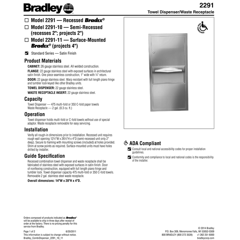 Bradley 2291-10 Combination Commercial Paper Towel Dispenser/Waste Receptacle, Semi-Recessed-Mounted, Stainless Steel