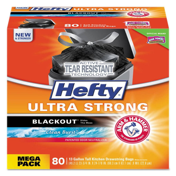 Hefty® Ultra Strong BlackOut Tall-Kitchen Drawstring Bags, 13 gal, 0.9 mil,  23.75 x 24.88, Black, 80/Box