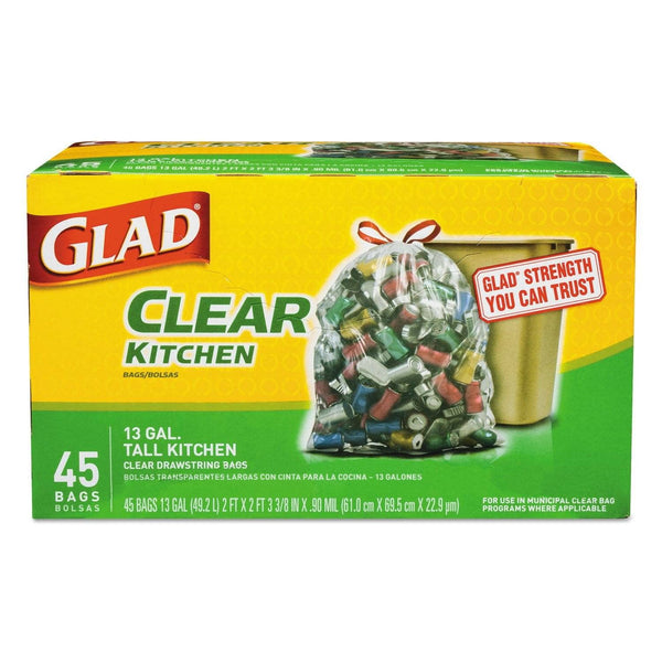 Glad® Recycling Tall Kitchen Drawstring Trash Bags, 13 gal, 0.9 mil, 24 x  27.38, Clear, 180/Carton