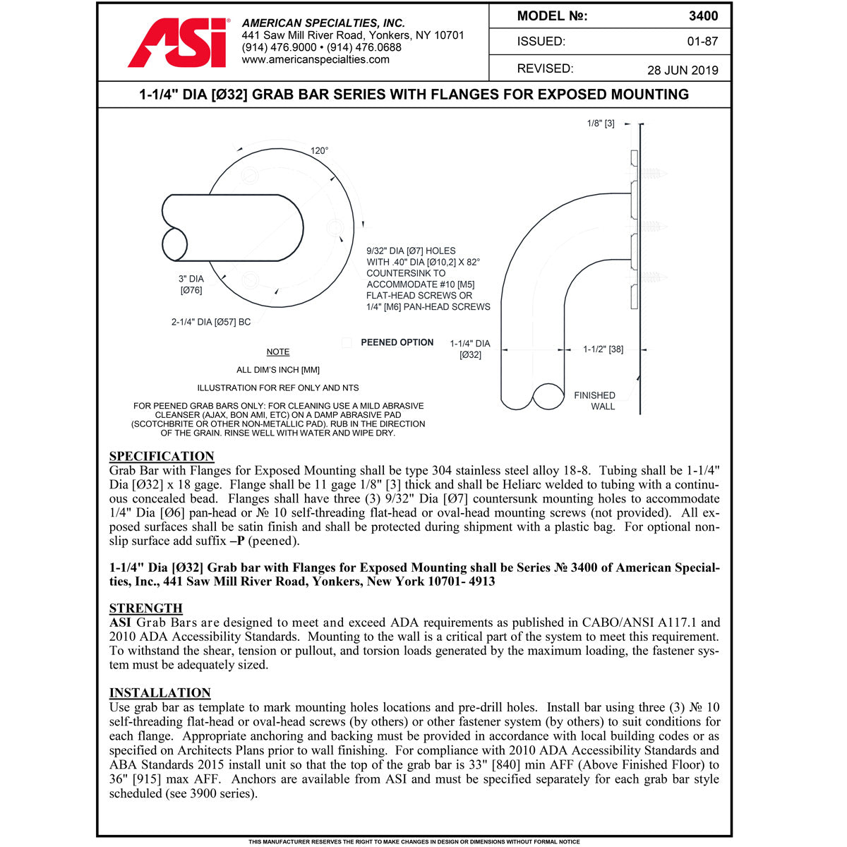 ASI 3401-36 (36 x 1.25) Commercial Grab Bar, 1-1/4