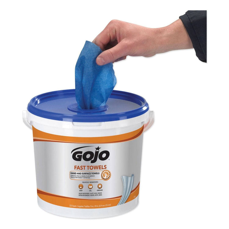 Gojo Fast Towels Hand Cleaning Towels, Cloth, 9 X 10, Blue 225/Bucket - GOJ629902EA - TotalRestroom.com