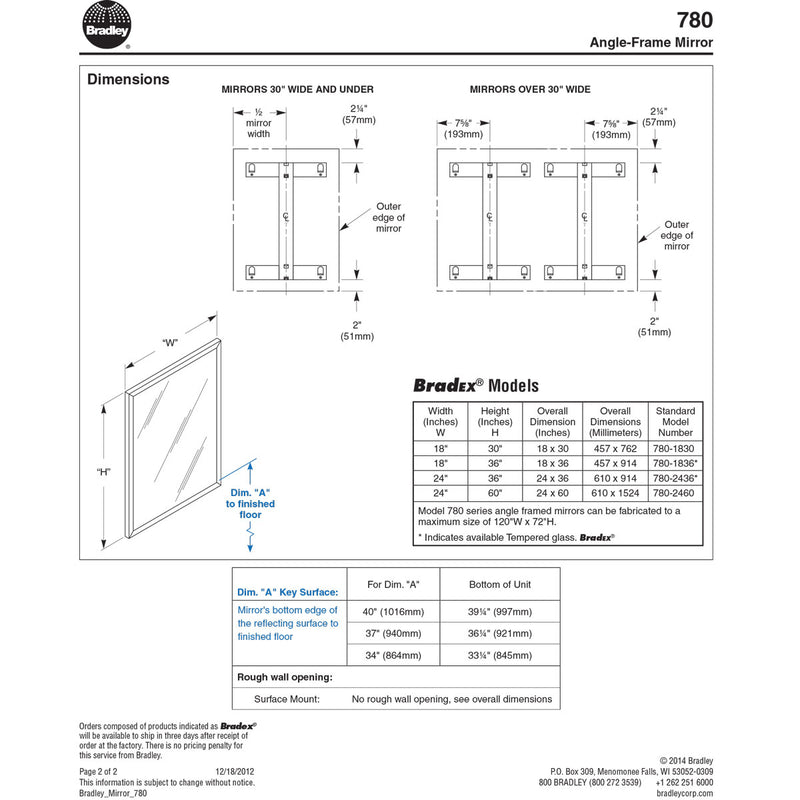 Bradley 780-024362 (24 x 36) Commercial Restroom Mirror, Angle Frame, 24" W x 36" H, Stainless Steel w/ Satin Finish