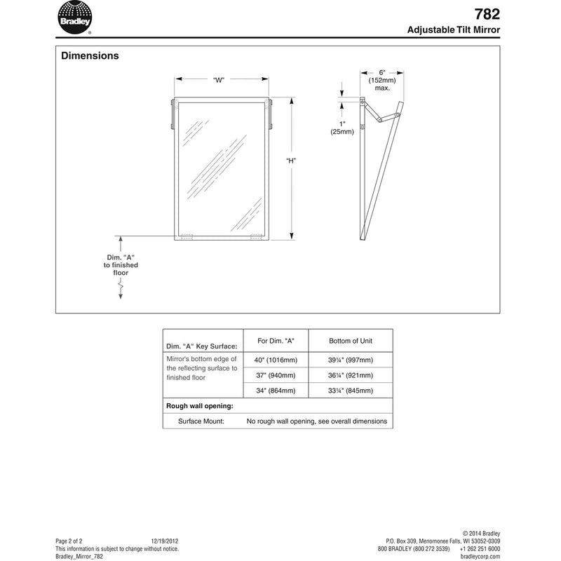 Bradley 782-018300 Commercial Restroom Mirror, Tilt Frame, 18