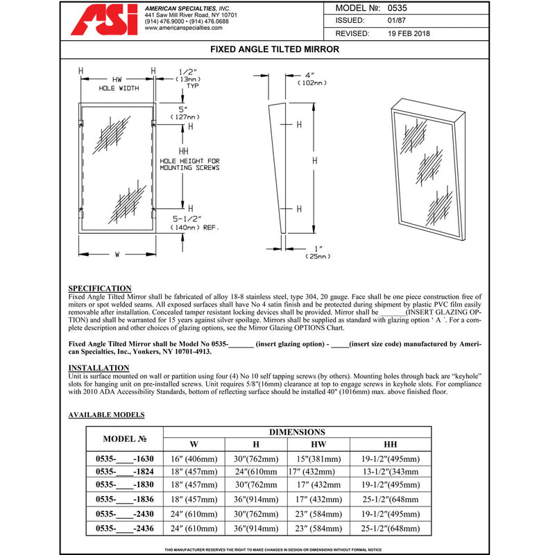 ASI 0535-1830 (18 x 30) Fixed Angle Tilted Mirror, 18" Wide X 30" High