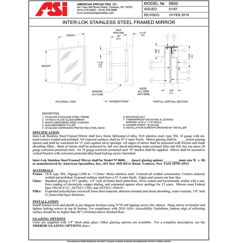 ASI 0600-1836-41 (18 x 36) INTLK MIRROR 18X36 PG - MATTE BLACK