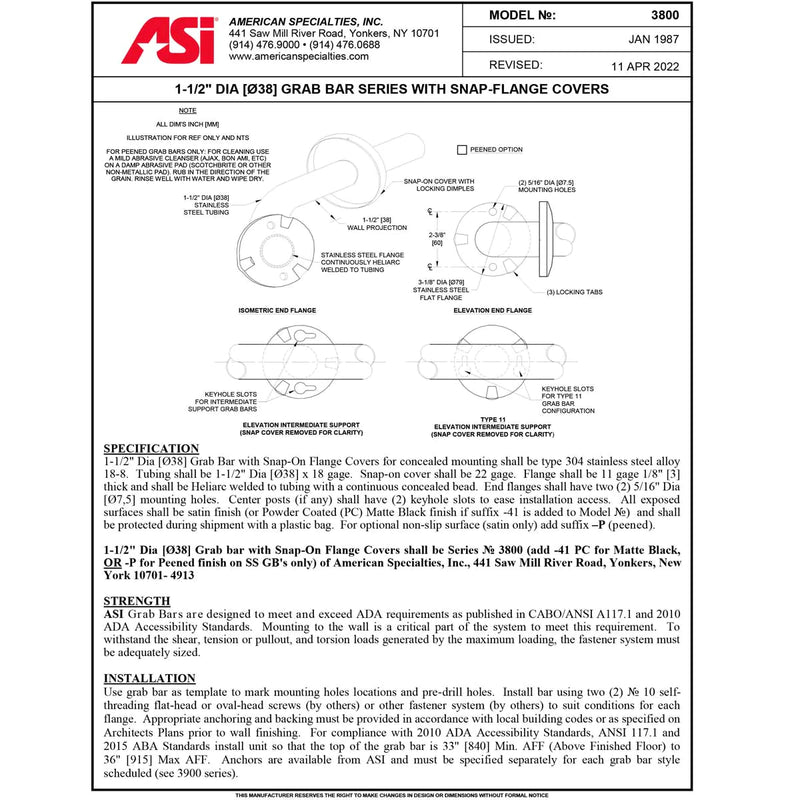 ASI 3801-18-41 Snap Flange (1-1/2" O.D) - Matte Black - Straight Grab Bar, 18”