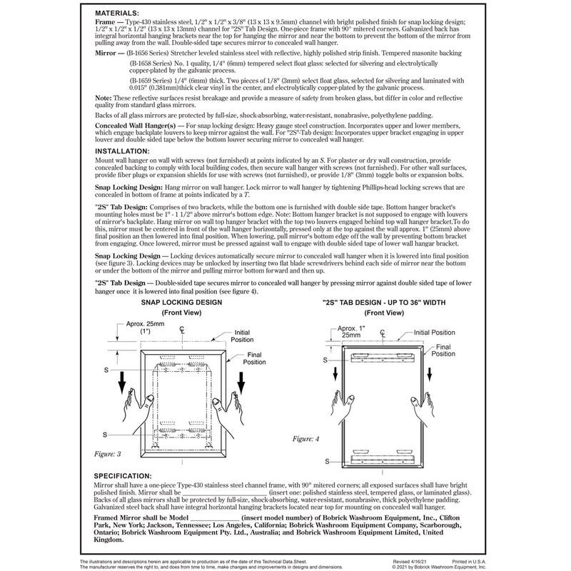 Bobrick B-1658-2436 (24x36) Tempered Glass Channel Frame Mirror 24x36