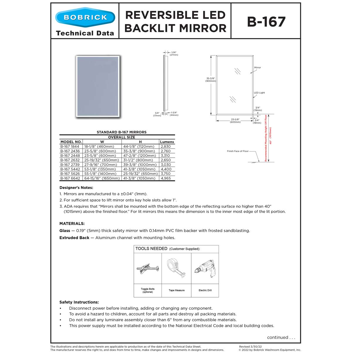 Bobrick B-167 2448 LED Backlit Mirror - EdgeLit 24x48 | TotalRestroom.com