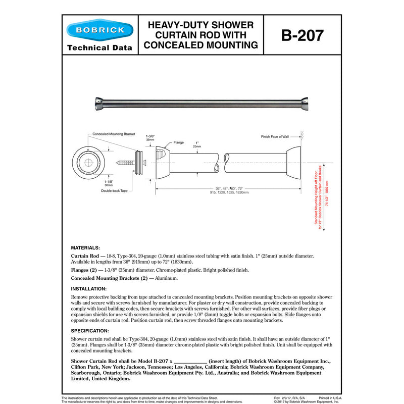 Bobrick B-207x72 Heavy-Duty Shower Curtain Rod, 72" Length, Stainless ...