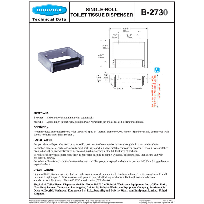 Bobrick B-2730 Commercial Toilet Paper Dispenser, Surface-Mounted, Aluminum w/ Satin Finish