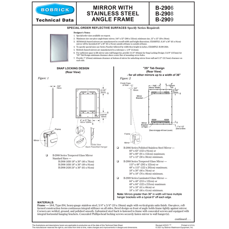 Bobrick B-2908 1836 Tempered Glass Welded-Frame Mirror 18x36 ...