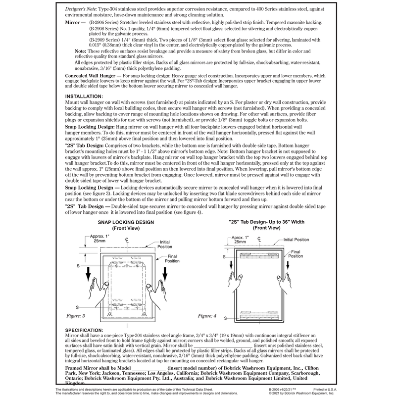 Bobrick B-2908 1836 Tempered Glass Welded-Frame Mirror 18x36