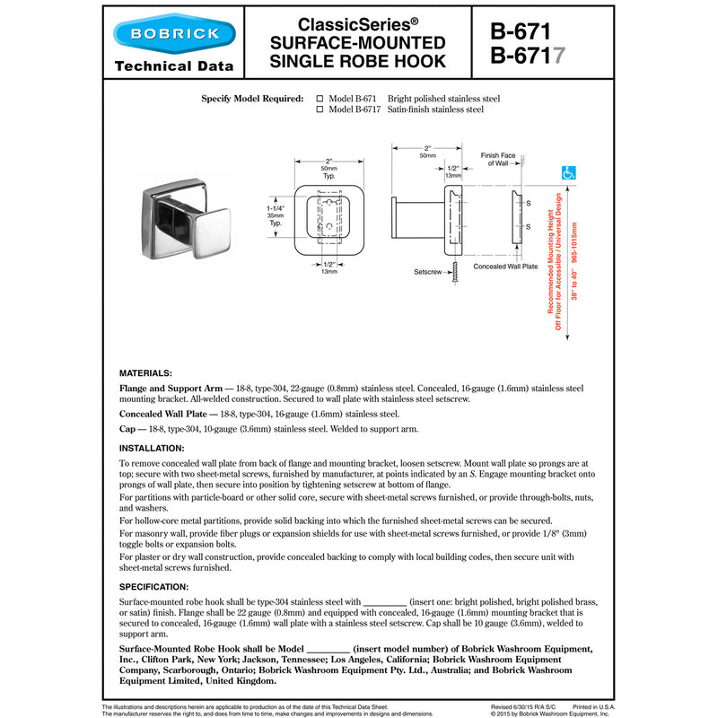 Bobrick B-6717 Commercial Single Robe & Coat Hook, Stainless Steel w/ Satin Finish