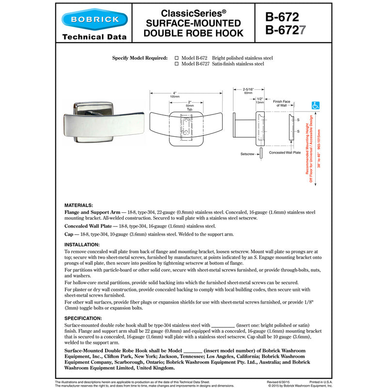 Bobrick B-672 Commercial Restroom Double Robe & Coat Hook, Bright Polished Stainless Steel