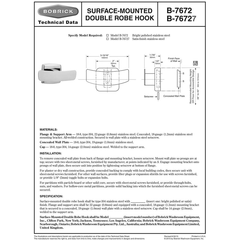 Bobrick B-76727 Commercial Double Robe Hook, Stainless Steel w/ Satin Finish