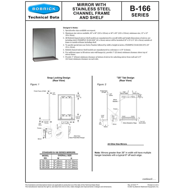 Bobrick B-166 2436 Channel-Framed Mirror/Shelf Combination 24x36