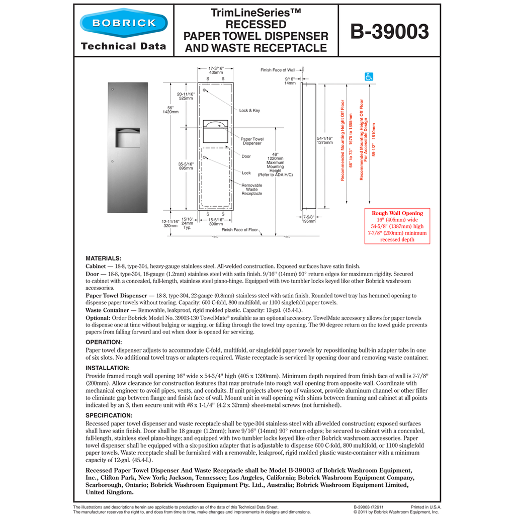 Bobrick B-39003 Combination Commercial Paper Towel Dispenser/Waste ...