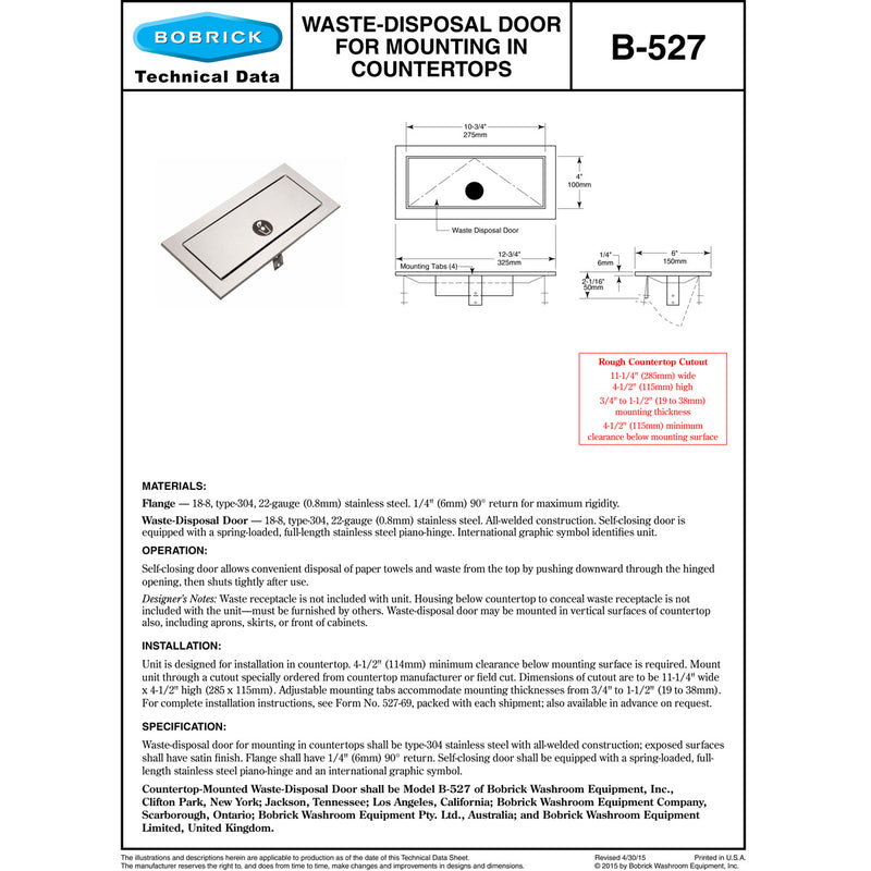 Bobrick B-527 Commercial Restroom Waste Door, Stainless Steel