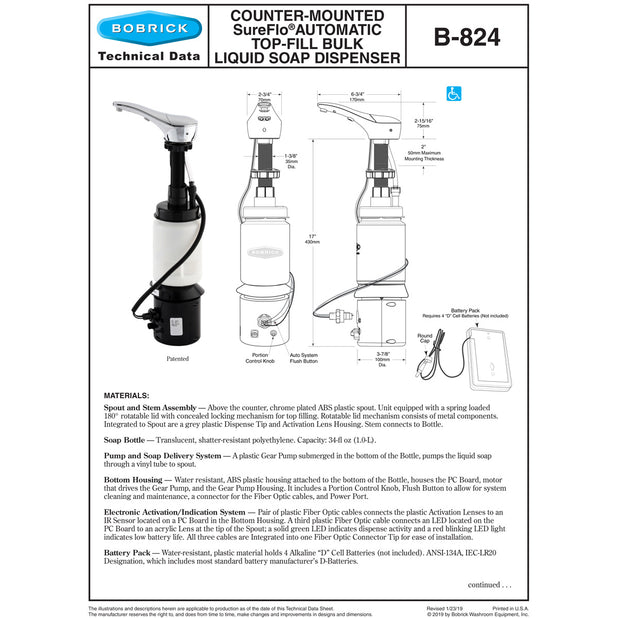 Bobrick B-824 Commercial (Liquid) Soap Dispenser, Countertop Mounted, Touch-Free, Plastic - 6.75