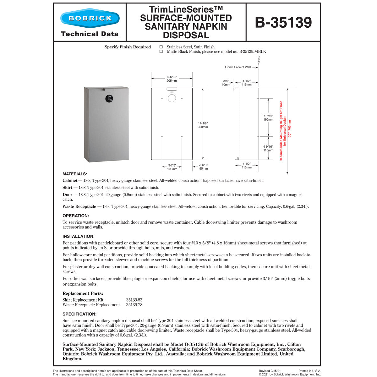 Bobrick B-35139 Commercial Restroom Sanitary Waste Bin, 2.3 L, Surface ...